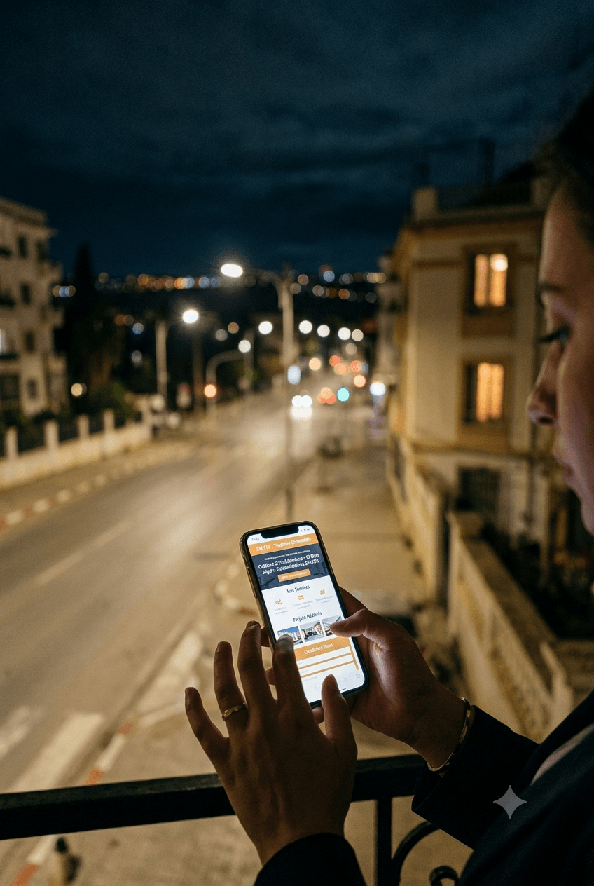 Femme consultant un site vitrine sur son téléphone la nuit dans une rue d'Alger