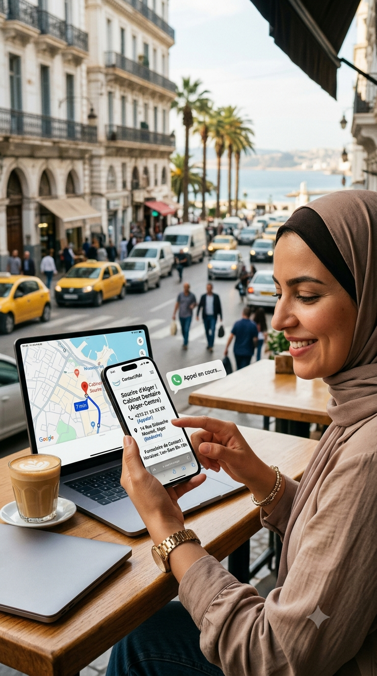 Femme consultant un site vitrine sur son téléphone la nuit dans une rue d'Alger