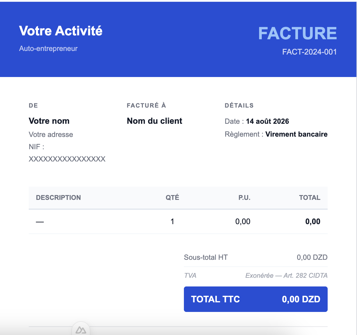 Facture Auto-entrepreneur Algérie : Génère ta facture gratuitement